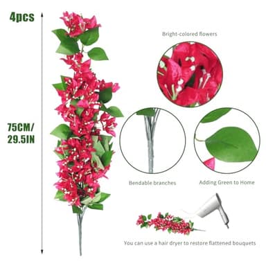 RECUTMS Artificial Fake Hanging Plants Flowers for Outdoor 4pcs Faux Silk Bougainvillea Long Vines Stems Realistic UV Resistant Home Porch Patio Balcony Garden Yard Outside (Rose Red) - Image 6
