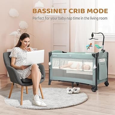 JOYMOR 3 in 1 Baby Bedside Bassinet, Bedside Sleeper with Mattress and Sheet, Convert to Bassinet, Playpen, Foldable Travel Baby Bed, with Wheels, Brake, Carry Bag - Image 4