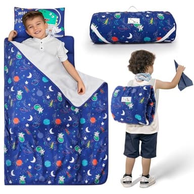 Safotad Toddler Nap Mat with Pillow and Blanket, Soft Sleeping Bag for Kids Boys and Girls, Slumber Bags Kids for Preschool, Daycare, Travel, Camping, 54" x 33" Great for Ages 3-6(Blue) - Image 1