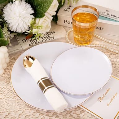 KIRE 350 PCS White and Gold Plates Disposable - Elegant Dinnerware Set of 50 Guest, White Plastic Plates With Gold Rim, Pre Rolled Napkins with Silverware & Cups for Thanksgiving Party/Wedding - Image 8