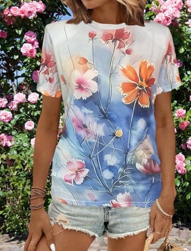 Huovud Women's Floral T Shirts Crew Neck Short Sleeve Summer Casual Tops (White, Medium) - Image 2