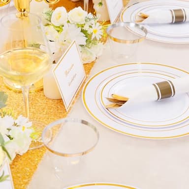 DaYammi 350PCS Gold Plastic Dinnerware Set for 50 Guests, Fancy Disposable Plates for Party, Include: 50 Dinner Plates, 50 Dessert Plates, 50 Pre Rolled Napkins with Gold Silverware, 50 Cups - Image 6