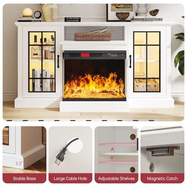 oneinmil 59'' Fireplace TV Stand, 3 Sided Glass Media Entertainment Center Console Table for TVs up to 65'' with Glass Door Adjustable Flame LED Color for Living Room, Set of TV Table, White - Image 4