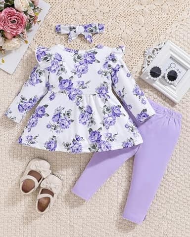 2T Girl Clothes 3T Toddler Girl Clothes Baby Girl Outfits Fall Cute Ruffle Shirt Top Floral Pants Set Infant Winter Clothes for Little Girls Purple - Image 3