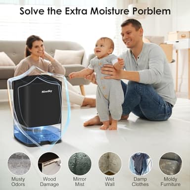 NineSky Dehumidifier for Home, 30oz Water Tank,(300 sq.ft) Dehumidifiers for Bedroom, Bathroom, Basement with 7 Colorful Lights, Auto Shut Off(C1 Black) - Image 6