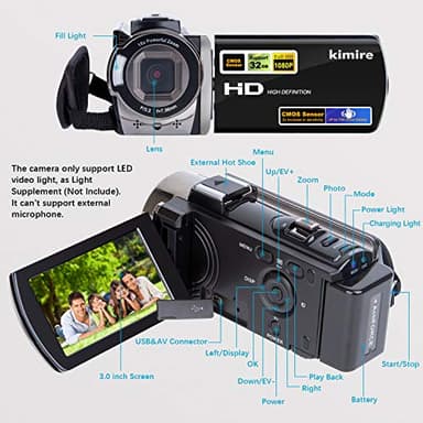 kimire Video Camera Camcorder Digital Camera Recorder Full HD 1080P 15FPS 24MP 3.0 Inch 270 Degree Rotation LCD 16X Digital Zoom Camcorder Camera with 2 Batteries(Black) - Image 2