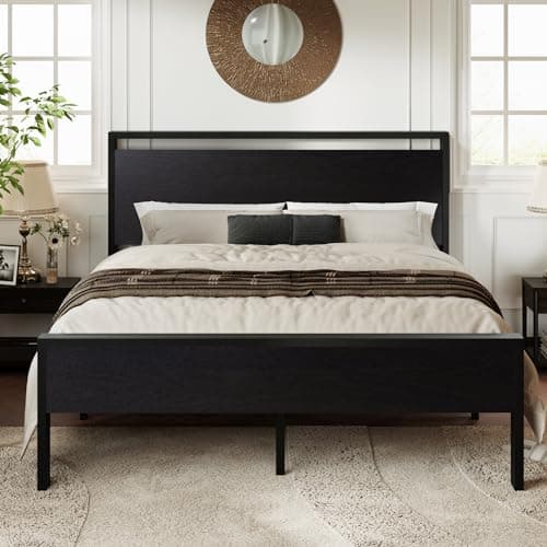 Allewie Queen Size Platform Bed Frame with Wooden Headboard and Footboard, Heavy Duty 12 Metal Slats Support, No Box Spring Needed, Under-Bed Storage, Noise Free, Easy Assembly, Black Oak - Image 1