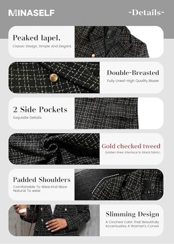 Mina Self Blazers for Women 2025 Black Fall Business Casual Womens Blazer Holiday Party Outfits Plaid Houndstooth Work Casual Trendy Women's Suits Funeral Jackets Suit Clothes Vacation Fashion Jacket - Image 6
