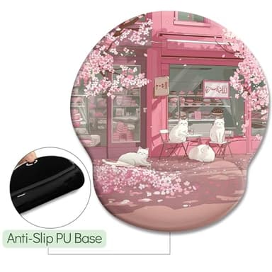 LIMKRIAN Cat Ergonomic Mouse Pad with Wrist Rest, Pink Cherry Blossom Computer Mouse Pad Wrist Support with Non-Slip Pain Relief PU Base, Cute Office Desk Decor Accessories Japanese Dessert House - Image 5