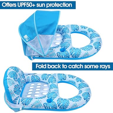 COOLCOOLDEE Pool Lounge Float with Canopy UPF50+,Extra Large Pool Floats for Adults Heavy Duty,Inflatable Lounger Float with Cup Holder & Backrest,Footrest - Image 4