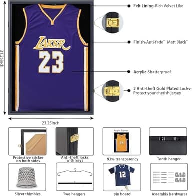 Jersey Frame Display Case, Large Lockable Shadow Box Sports Jersey Frame with 98% UV Protection Acrylic and 2 Hanger for Baseball Basketball Football Soccer Hockey Shirt,Uniform, Graduates Black - Image 4