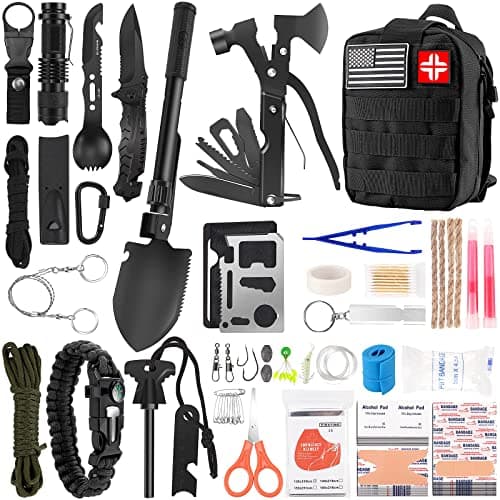 Emergency Survival Kit and First Aid Kit, 142Pcs Survival Gear and Supplies Equipment with Molle Pouch, Gift for Christmas Men Dad Husband Camping Essentials Hiking Hunting Outdoor Adventure (Black) - Image 1