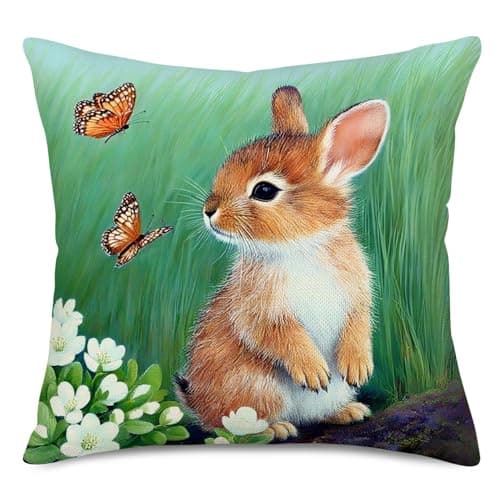 Asminifor Fresh Flower & Rabbit Decorative Farmhouse Pillow Covers Home Decor Cotton Linen Butterfly Throw Pillow Case Cushion Cover 18" x 18" (Rabbit White-Floral) - Image 1