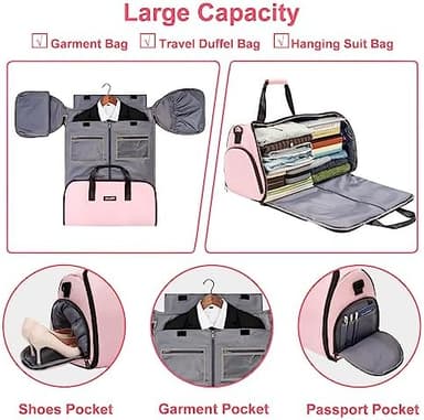 Convertible Garment Duffel Bag with Shoe Compartment,ZALUPRI Carry on Garment Bag for Men Women 2 in 1 Hanging Suitcase Suit Weekend Travel Bag, Pink - Image 4