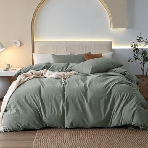 JIYUAN 100% Washed Cotton Duvet Cover Set 3 Pieces King, 1 Duvet Cover 104x90 Inches(Comforter Not Included) and 2 Pillowcases,Linen Feel Bedding Set Comfy and Breathable, Heathered Green - Image 1