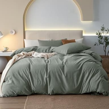 JIYUAN 100% Washed Cotton Duvet Cover Set 3 Pieces King, 1 Duvet Cover 104x90 Inches(Comforter Not Included) and 2 Pillowcases,Linen Feel Bedding Set Comfy and Breathable, Heathered Green - Image 1