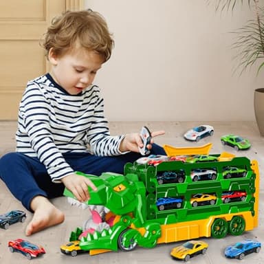 iHaHa Dinosaur Race Track Toys for Ages 3-4 4-6, 59-inches Transport Dinosaur Truck with 12 Die-cast Cars, Carrier Truck Toy Birthday Gifts Toys for 3 4 5 6 Year Old Boy - Image 3