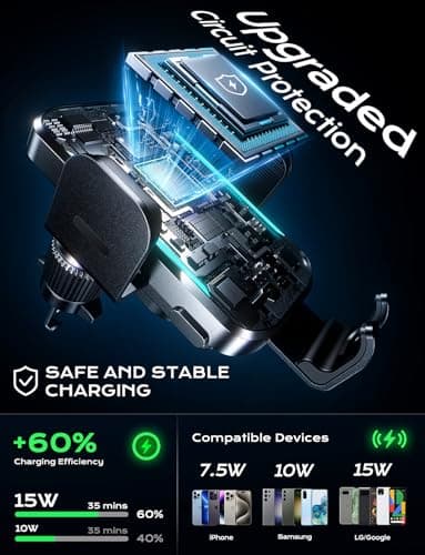 CHGeek Wireless Car Charger, 15W Fast Charging Car Phone Holder Charger Auto-Clamping Air Vent Car Phone Mount with Blue LED Backlit for iPhone 16 15 14 13 12, Samsung S24 S23 S22, etc - Image 4