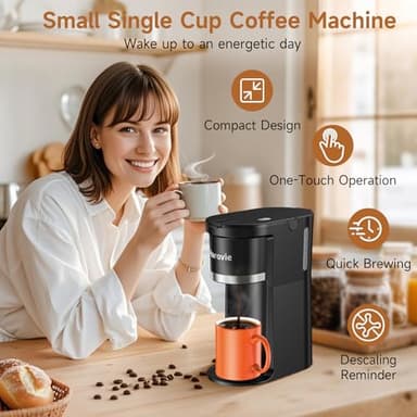 Horavie Small Single Serve Coffee Maker, Fast Brew One Cup Coffee Machine for K Cup and Grounds, 6 to 12 oz. Brew Sizes, Capsule Coffee Machine with Descaling Reminder and Viewing Tank, Black - Image 7