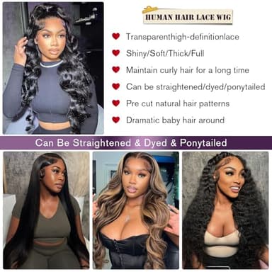 VNFM 32inch 13x6 Body Wave Lace Front Wigs Human Hair 180 Density HD Lace Frontal Wigs Human Hair Pre Plucked Human hair Wig for Women Natural Black - Image 3