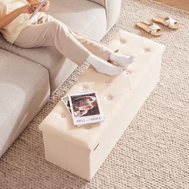 HAUSFRAU 43.5 Inches Ottoman with Storage Bench, Folding Ottoman Bench Foot Rest Stool, Bedroom Bench, Holds up to 660 lb, Linen Beige - Image 3