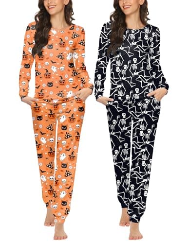 Ekouaer 2 Pack Womens Pajama Set Long Sleeve Sleepwear,Soft Pjs Lounge Sets Nightwear with Pockets Halloween Skull/Pumpkin Large - Image 1