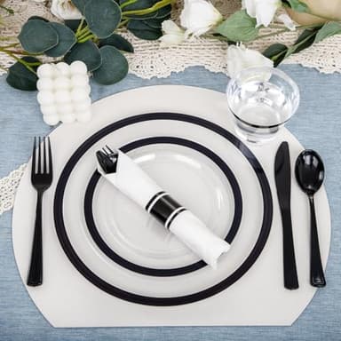 I00000 350 Pcs Clear and Black Plastic Plates,Black Dinnerware Set, Include 50 Dinner and 50 Dessert Plates,50 Plastic Cups,50 Per Rolled Napkins with Cutlery for Party,Wedding,Halloween - Image 7