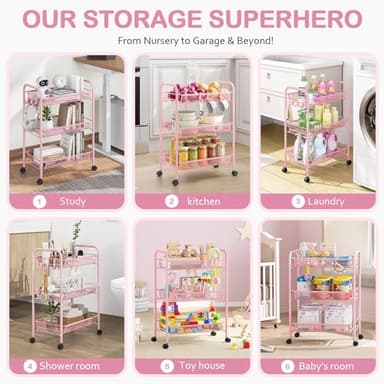 TOOLF 3 Tier Rolling Utility Cart - Durable Metal Design Pink Utility Cart, Storage Trolley on Wheels with 3 Hooks, Perfect for Kitchen, Bathroom & Laundry Room Organization - Image 5