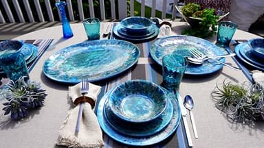 Radiance Teal 2pc Melamine Platter Set – 14" Round & 18"x13.5" Oval Serving Trays – Reactive Glaze Style Artisan Serveware for Entertaining, Holidays, Dinner Parties, or Gifts - Image 2