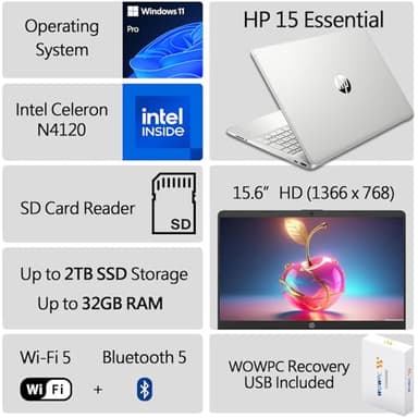 HP Latest 15" Laptop, Intel Celeron N4120 Quad-core Processor, 32GB RAM, 1TB SSD, 15.6" HD Micro Edge LED Display, Fast Charge, SD Card Reader, Windows 11 Pro, WOWPC Recovery USB (Renewed) - Image 2
