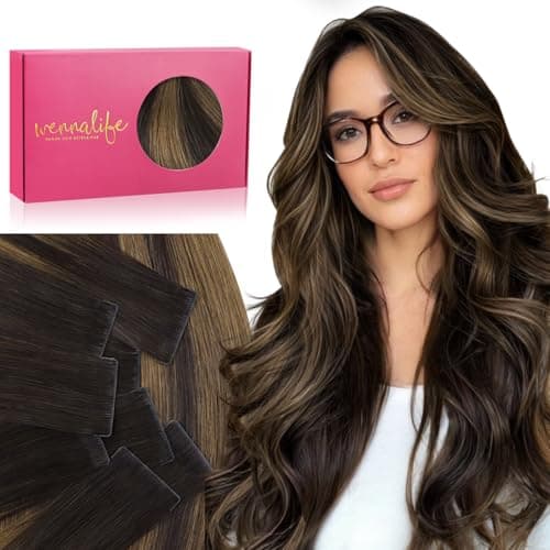 WENNALIFE Invisi Edge Tape in Hair Extensions Human Hair, 14 Inch 50g 20pcs Balayage Dark Brown Mixed Chestnut Brown Invisible Luxury Remy Hair Extensions Natural Seamless Injected Tape Ins Straight - Image 1