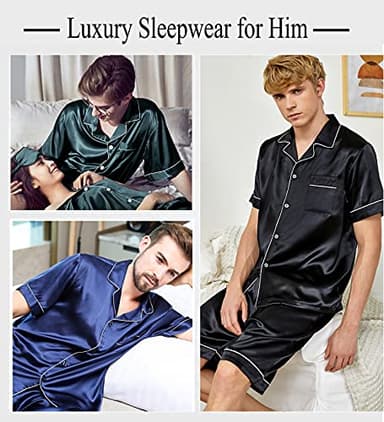 SWOMOG Men Satin Silk Pajamas Sets Short Sleeve Sleepwear Button-Down PJs Sets Two-Pieces Loungewear with Pockets Black - Image 5