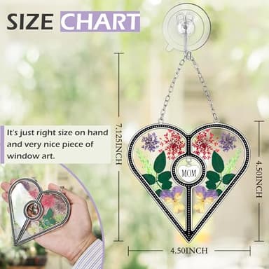 KY&BOSAM Heart Suncatcher Mom Stained Glass for Windows Hangings Wind Chimes with Pressed Flower Heart in Glass with Metal Trim Heart Charm Birthday Gifts for Women Mother`s Day Christams Home Decor - Image 5