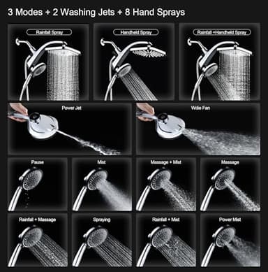 High Pressure Rain Shower Head: Upgrade Shower Heads with Handheld Spray Combo with Fixed Showerhead and 10 Sprays Handheld Shower Head, Detachable Shower head Built-in Magnetic Docking and Power Jets - Image 2
