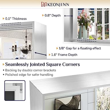 Keonjinn Brushed Silver Bathroom Vanity Mirror 48 x 30 Inch Large Rectangle Wall Mounted Mirror Square Corner Metal Framed Farmhouse Mirror Modern Rectangular Mirror for Over Sink(Horizontal/Vertical) - Image 3