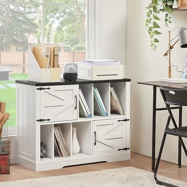 Joaxswe Large Record Player Stand with Vinyl Storage Up to 450 Albums, 39 Inch Farmhouse Rustic Wood White Storage Cabinet with Barn Doors, Vintage Mid-Century Turntable Stand for Bedroom, Living Room - Image 7