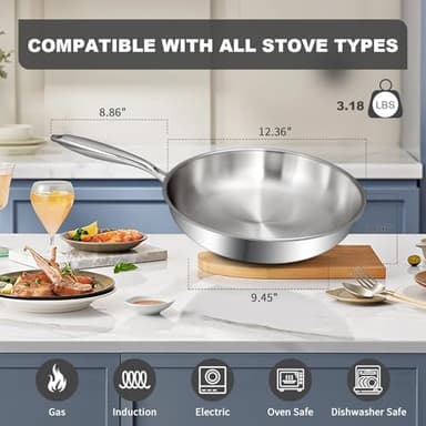12 Inch Tri-Ply Stainless Steel Frying Pan, Skillet, Induction Cooking Pan, Dishwasher and Oven Safe, Fast & Even Heat, Heavy Duty and Detachable Handle - Image 6