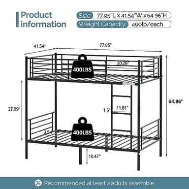 VINGLI Bunk Bed Twin Over Twin for Kids, Teens & Adults Bunk Bed with Stairs & Flat Rungs, Heavy Duty Metal Slats, No Box Spring Needed, Black - Image 2