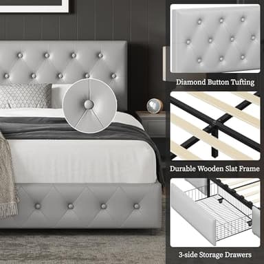 Yaheetech Queen Bed Frame with Adjustable Diamond Button-Tufted Headboard/3 Drawers Storage, Queen Platform Bed/Strong Wooden Slats, Light Gray - Image 7