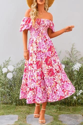 PRETTYGARDEN Women's Casual Summer Midi Dress Puffy Short Sleeve Square Neck Smocked Tiered Ruffle Dresses (Floral Rose Red,Medium) - Image 5