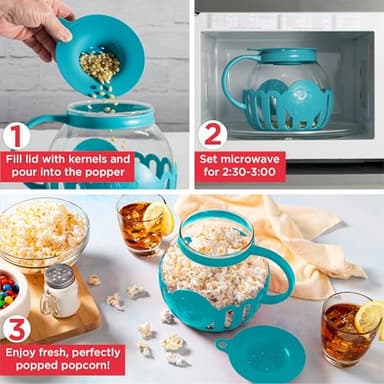 Ecolution Patented Micro-Pop Microwave Popcorn Popper with Temperature Safe Glass, 3-in-1 Lid Measures Kernels and Melts Butter, Made Without BPA, Dishwasher Safe, 3-Quart, Teal - Image 4