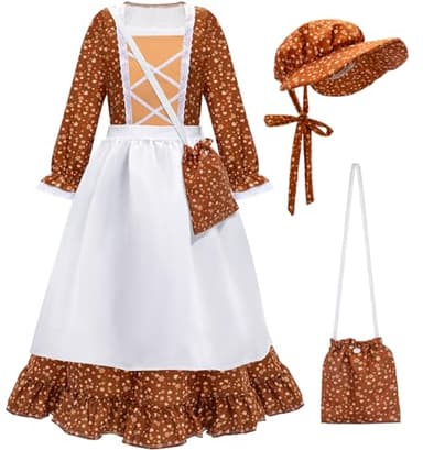 Meland Pioneer Dress for Girls - Colonial Floral Costume with Bonnet, Apron & Purse, Pionner Outfit for Girls 9-10 Years - Image 1