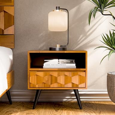 Bme Georgina Solid Wood Nightstand With 1 Drawer & Open Shelf- Fully Assembled Mid Century Modern Side Table - Geometric Pattern Bedside Dresser for Bedroom and Living Room - Image 1