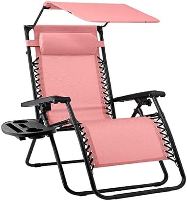 Best Choice Products Folding Zero Gravity Outdoor Recliner Patio Lounge Chair w/Adjustable Canopy Shade, Headrest, Side Accessory Tray, Textilene Mesh - Pink - Image 3
