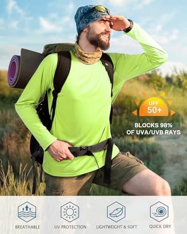 Roadbox Mens UPF 50+ Long Sleeve SPF Diving Rash Guard UV Sun Protection Shirts for Outdoor Fishing Hiking Swimming Running Neon Green - Image 3