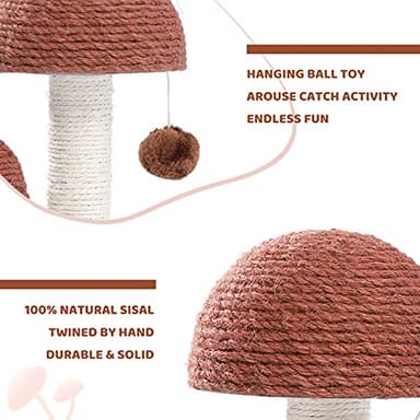 PETEPELA Cat Scratching Post, Mushroom Tall Cat Scratcher Featuring with Natural Sisal Scratching Poles and Interactive Toy Ball for Kittens and Small Cats (Brown) - Image 5