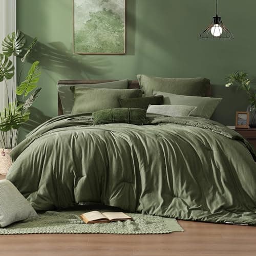 Monbix King Size Comforter Set, Olive Green King Bed Set Reversible, King Size Comforter Set 7 Pieces, Cationic Dyeing Bed in a Bag with Comforter, Sheets, Pillowcases & Shams - Image 1