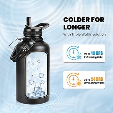 RAYMYLO Insulated Water Bottle 64 oz, Triple Wall Vacuum Stainless Steel (Cold for 48 Hrs), Leak Proof & Non-BPA, Half Gallon Water Flask Jug with Paracord Handle & Straw Spout Lids, Magic Black - Image 2