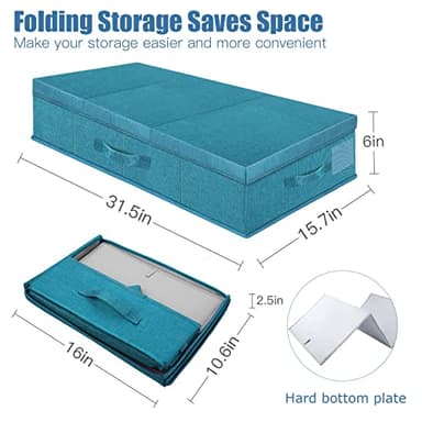 Supowin Underbed Storage Containers Bin with Lids (2pcs) Large Under Bed Storage Organizer Box with Handle, Foldable Under the Storage Bags for Organizing Clothes, Shoes, Blankets, Pillows-Cyan blue - Image 2