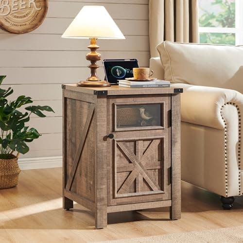 JXQTLINGMU Farmhouse End Table with Charging Station, 18'' Rustic Nightstand with Barn Door & Adjustable Shelf, Wooden Sofa Side Table with 3-Tier Storage for Living Room, Bedroom, Warm Brown - Image 1